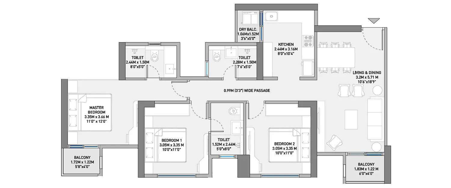 Floor plan for 3 BHK