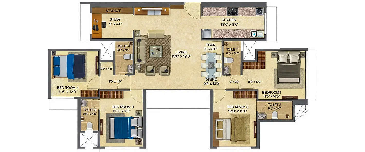 Floor plan for 4 BHK