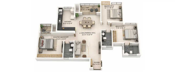 Provident Botanico Whitefield - Floor plan 3 BHK 1494 Sq.ft