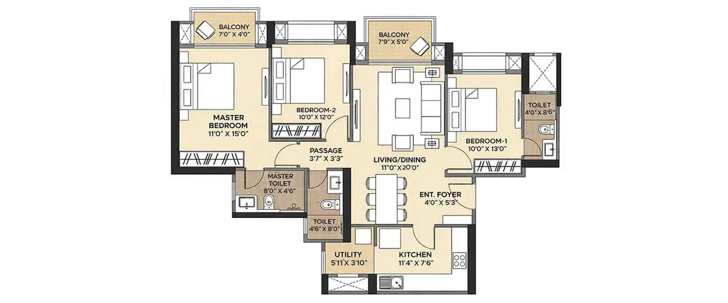 Floor plan for 3 BHK