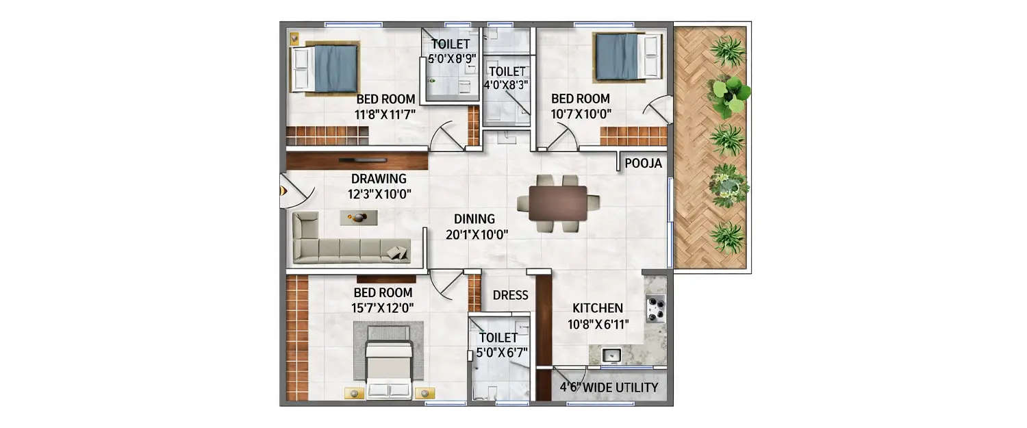 Floor plan for 3 BHK