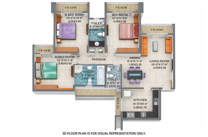 Arihant Aalishan Kharghar - Floor plan 3 BHK 1139 Sq.ft