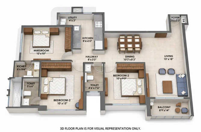 Ashar Merac Wagle Estate - Floor plan 3 BHK 947 Sq.ft