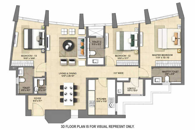 Lodha The Park Worli - Floor plan 3 BHK 1334 Sq.ft