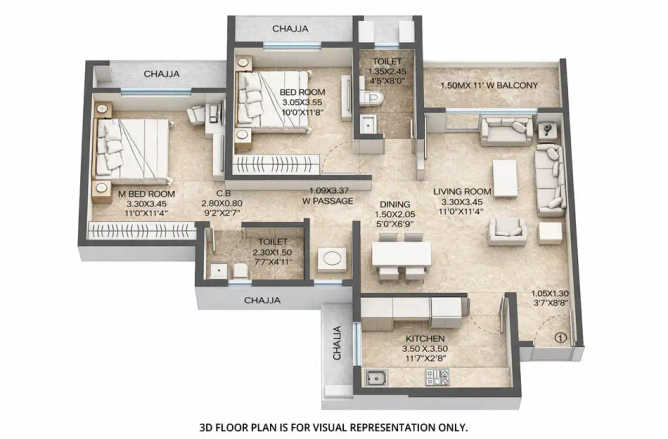 Dosti West County Balkum - Floor plan 2 BHK 833 Sq.ft
