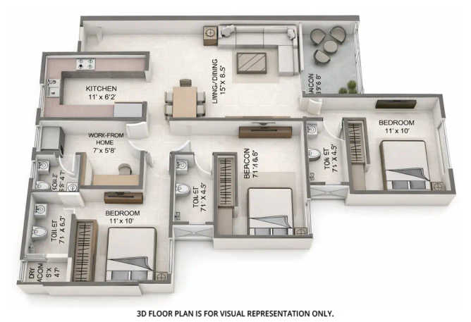 Kashish Park Iris Teen Hath Naka - Floor plan 3 BHK 1120 Sq.ft