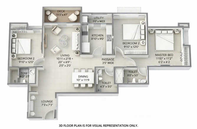 Lodha Sterling Kolshet Road - Floor plan 3 BHK 1266 Sq.ft