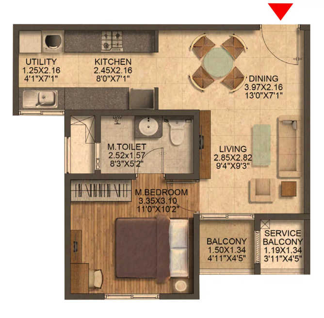 Brigade Citrine Nimbekayipura - Floor plan 1 BHK 689 Sq.ft