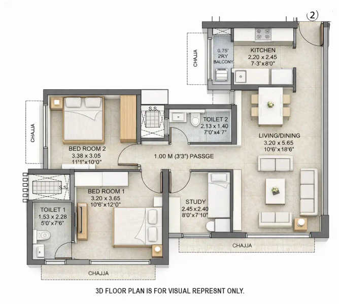 Wadhwa Atmosphere O2 Mulund - Floor plan 2.5 BHK 753 Sq.ft