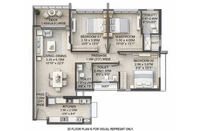 Wadhwa Solis Mulund - Floor plan 3 BHK 870 Sq.ft