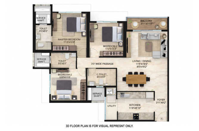 Runwal Sanctuary Mulund - Floor plan 3 BHK 1058 Sq.ft
