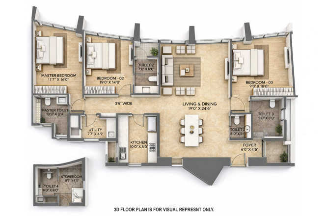 Lodha Adrina Worli - Floor plan 3 BHK 1334 Sq.ft