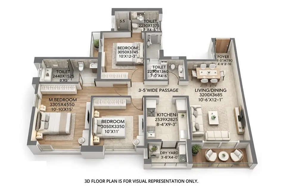 Floor plan for 3 BHK