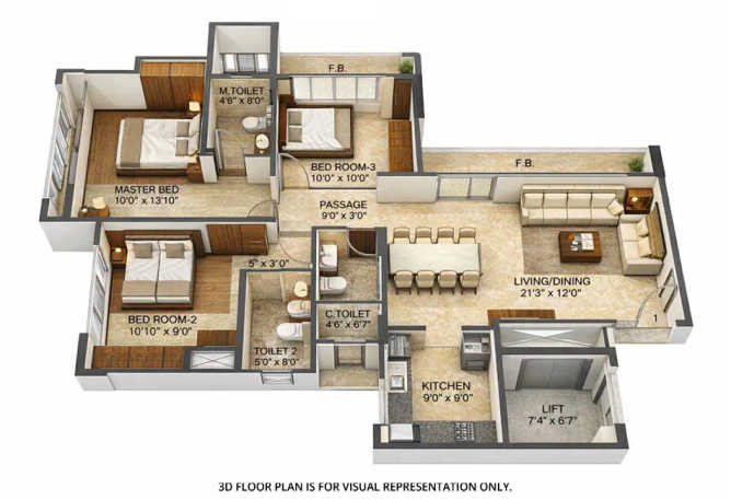 Runwal Manpada Ghodbunder Road - Floor plan 3 BHK 1049 Sq.ft
