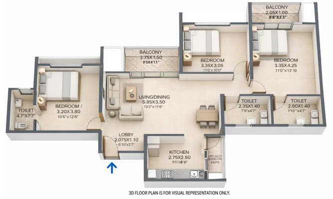 VTP Skylights Baner - Floor plan 3 BHK 989 Sq.ft