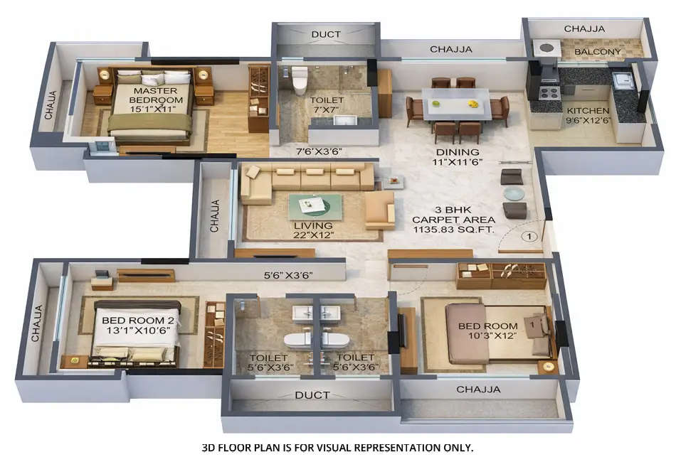 Floor plan for 3 BHK