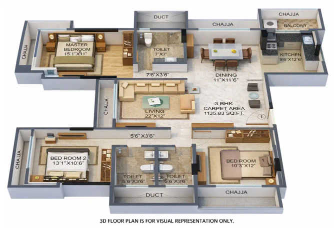 Rustomjee La Vie Majiwada - Floor plan 3 BHK 1159 Sq.ft