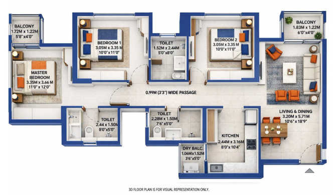 Birla Evam Manjri BK - Floor plan 3 BHK 962 Sq.ft