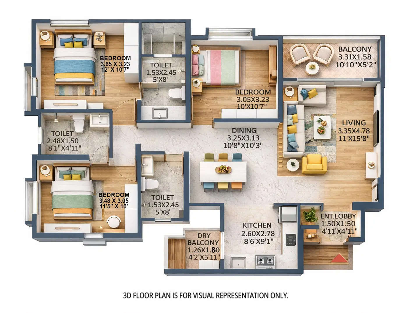 Floor plan for 3 BHK