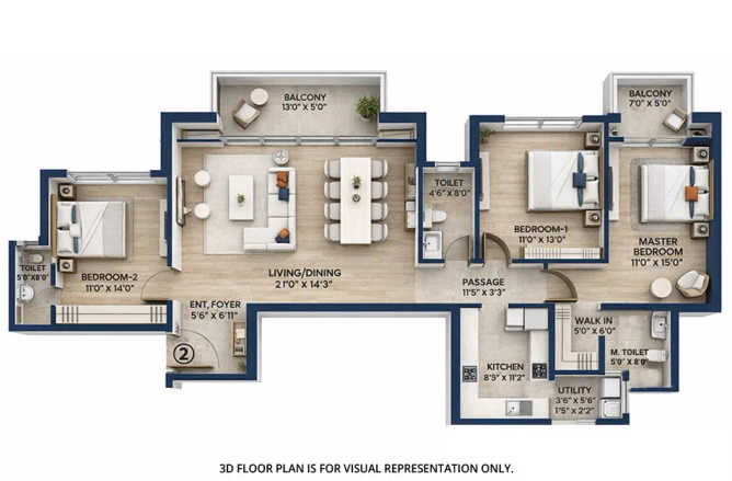 Hiranandani Fortune City Panvel - Floor plan 3 BHK 1280 Sq.ft