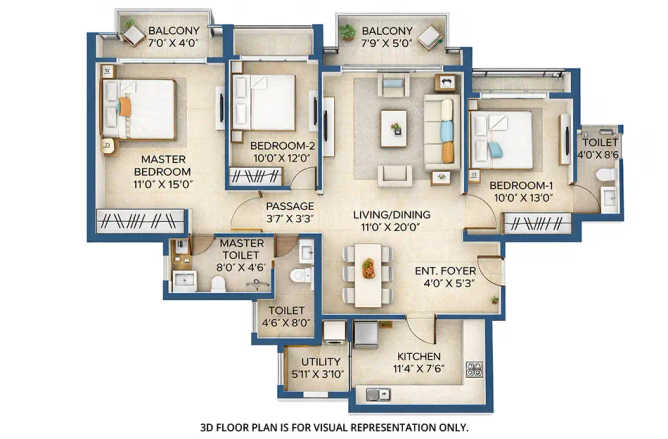 Hiranandani Golden Willows Panvel - Floor plan 3 BHK 1040 Sq.ft