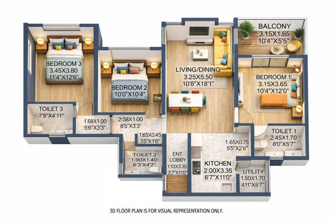 Rohan Abhilasha Wagholi - Floor plan 3 BHK 1012 Sq.ft