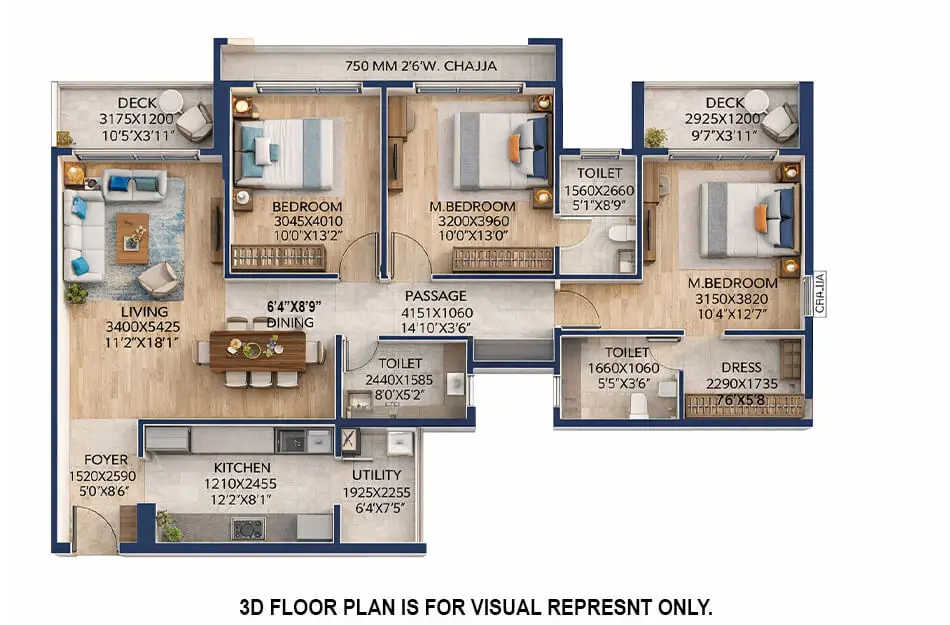 Runwal Woods Chembur - Floor plan 3 BHK 1241 Sq.ft