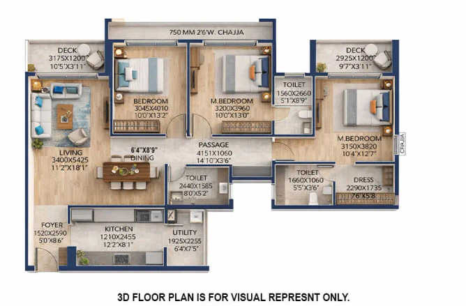 Runwal Woods Chembur - Floor plan 3 BHK 1241 Sq.ft