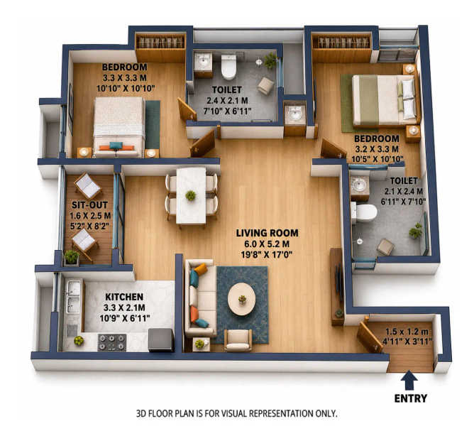Brigade Orchards Devanahalli - Floor plan 2 BHK 1500 Sq.ft