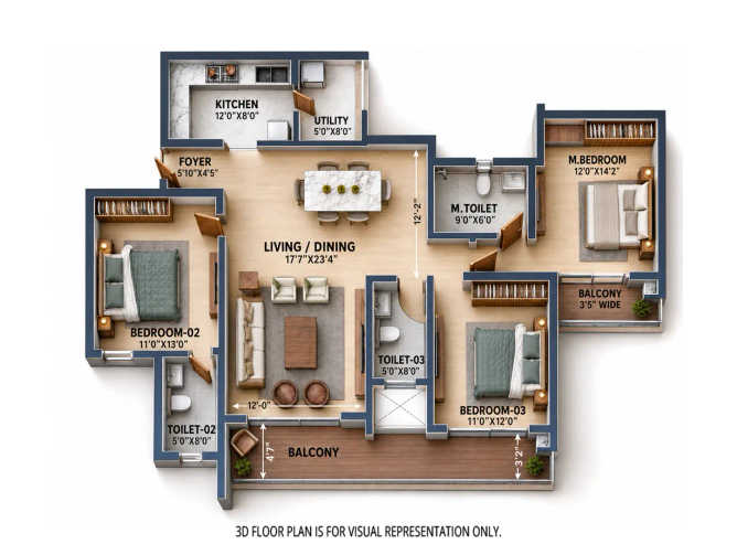 Prestige Evergreen Whitefield - Floor plan 3 BHK 1884 Sq.ft