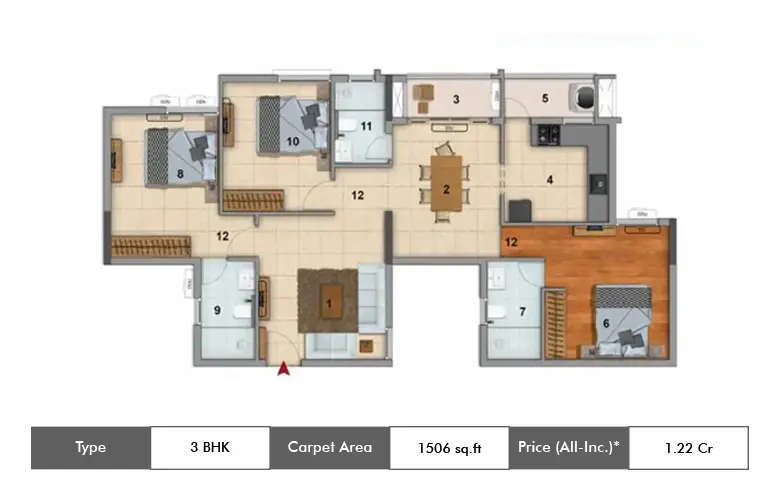Floor plan for 3 BHK