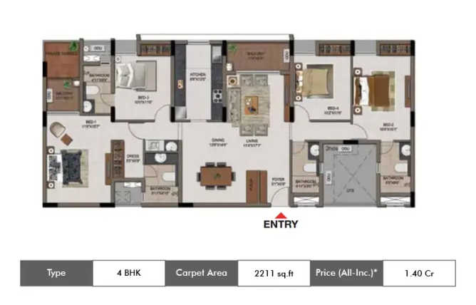 Casagrand Tudor Mogappair - Floor plan 4 BHK 2211 Sq.ft