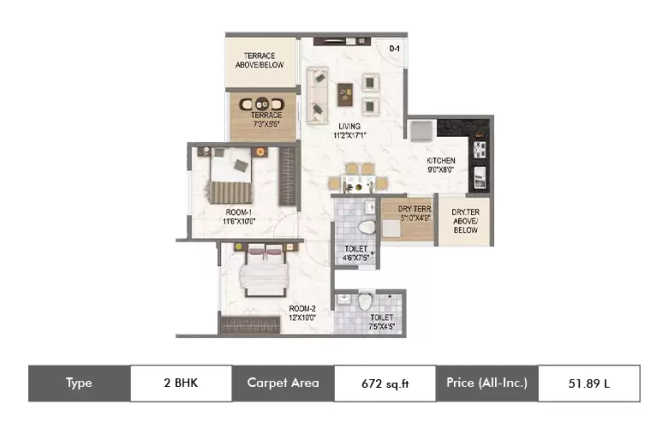 Runal Spacio Ravet - Floor plan 2 BHK 672 Sq.ft