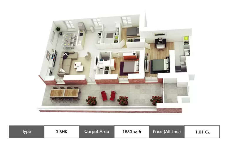 Floor plan for 3 BHK