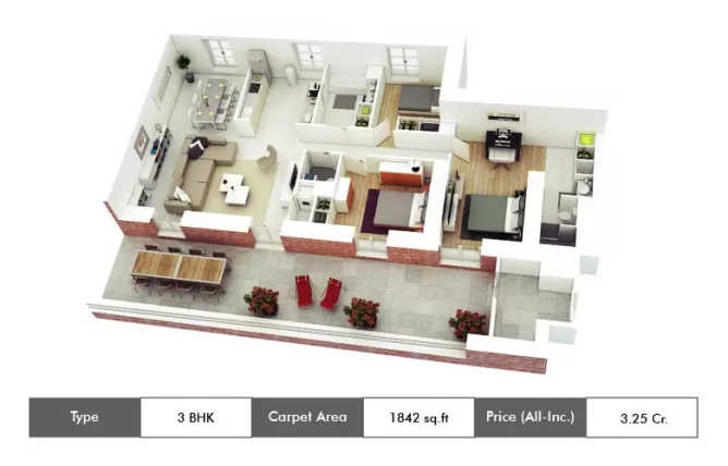 Appaswamy Clover By The River Adyar - Floor plan 3 BHK 1842 Sq.ft