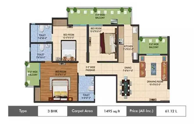 Ajnara Le Garden Sector 16B Greater Noida W - Floor plan 3 BHK 1495 Sq.ft