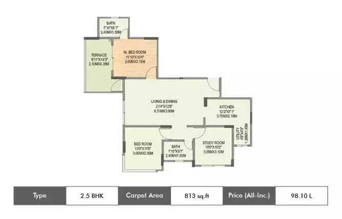 Geras Misty Waters Keshav Nagar - Floor plan 2.5 BHK 813 Sq.ft