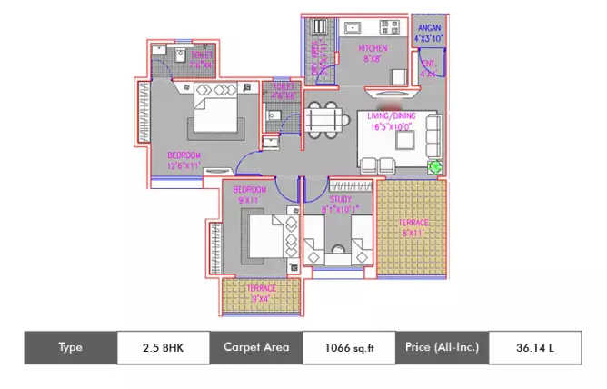 Majestique City Wagholi - Floor plan 2.5 BHK 1066 Sq.ft