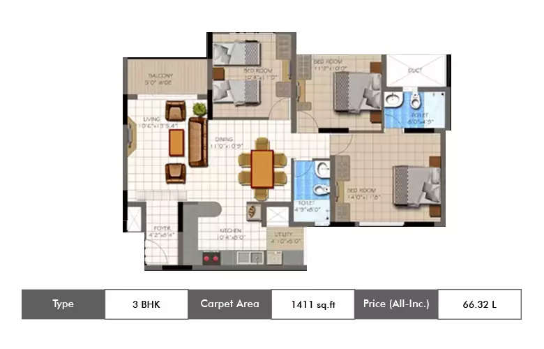 Floor plan for 3 BHK