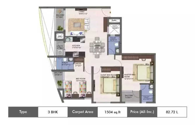Kolte Patil Mirabilis Krishnarajapura - Floor plan 3 BHK 1504 Sq.ft
