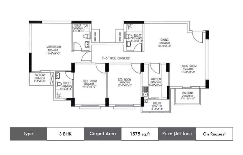 Floor plan for 3 BHK