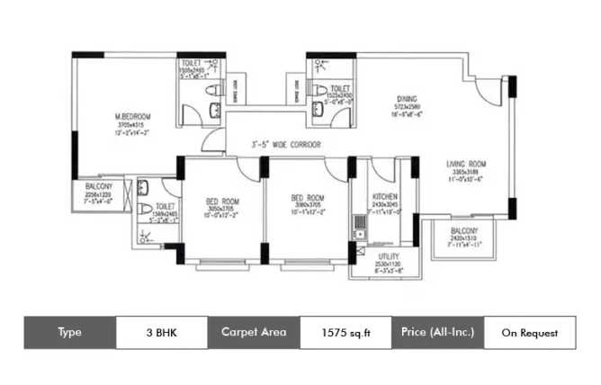 DLF Westend Heights Akshaya Nagar - Floor plan 3 BHK 1575 Sq.ft