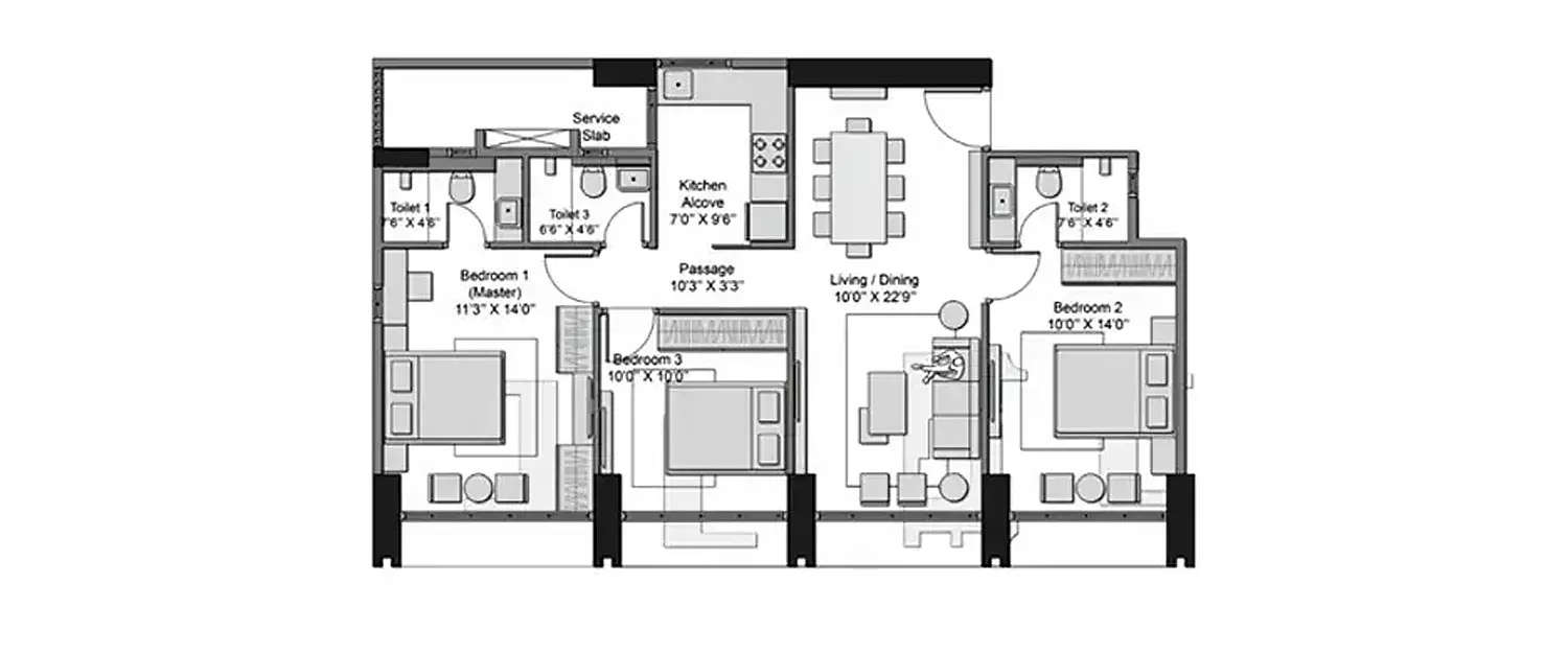 Floor plan for 3 BHK