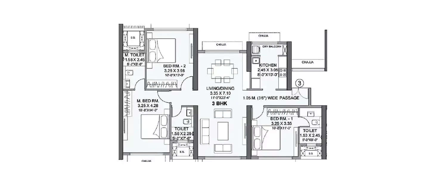 Floor plan for 3 BHK