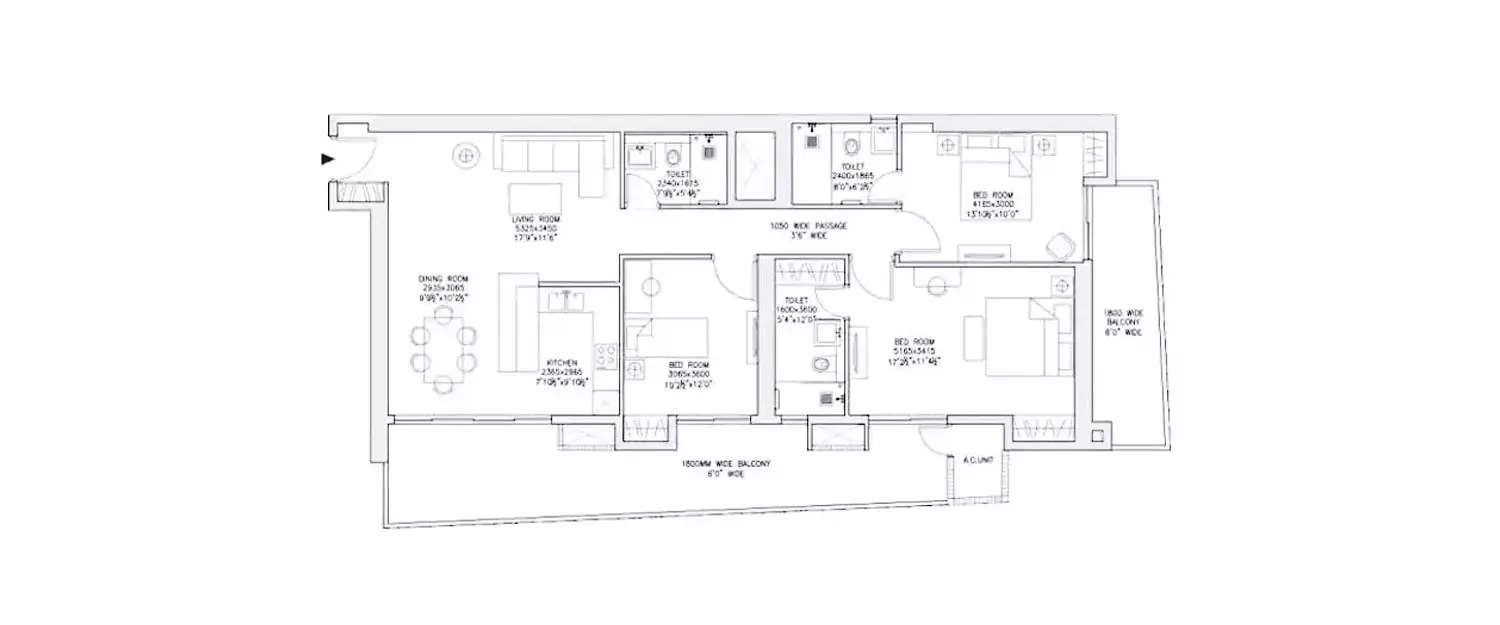 Floor plan for 3 BHK