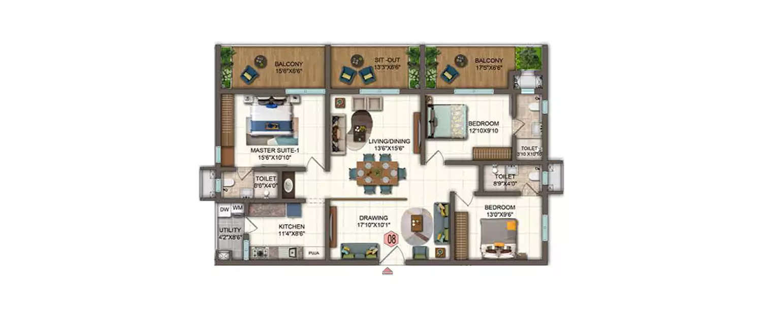 Floor plan for 3 BHK