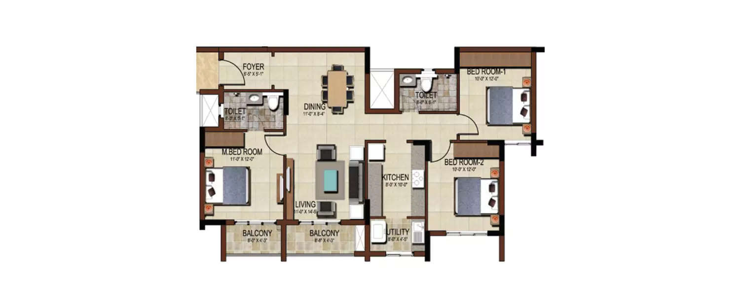 Floor plan for 3 BHK