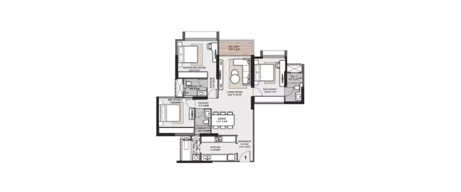 Floor plan for 3 BHK