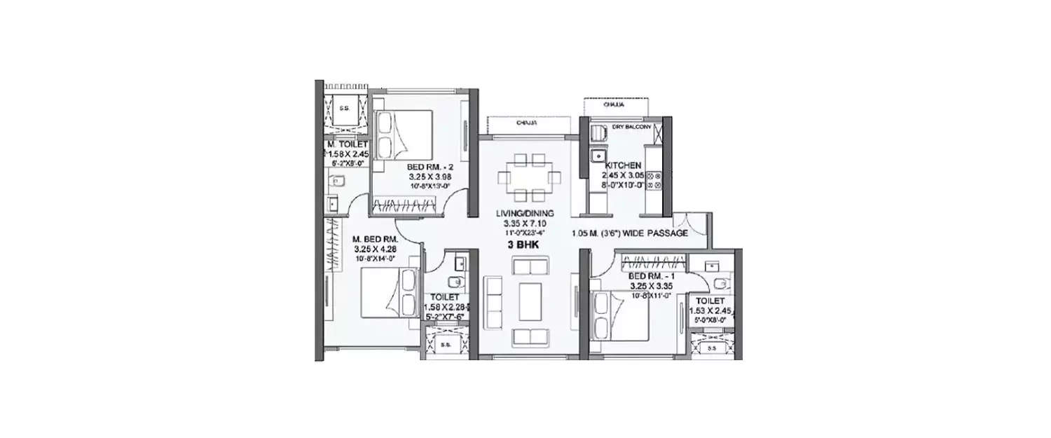 Floor plan for 3 BHK