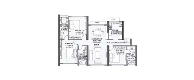 Wadhwa AER Mulund - Floor plan 3 BHK 825 Sq.ft